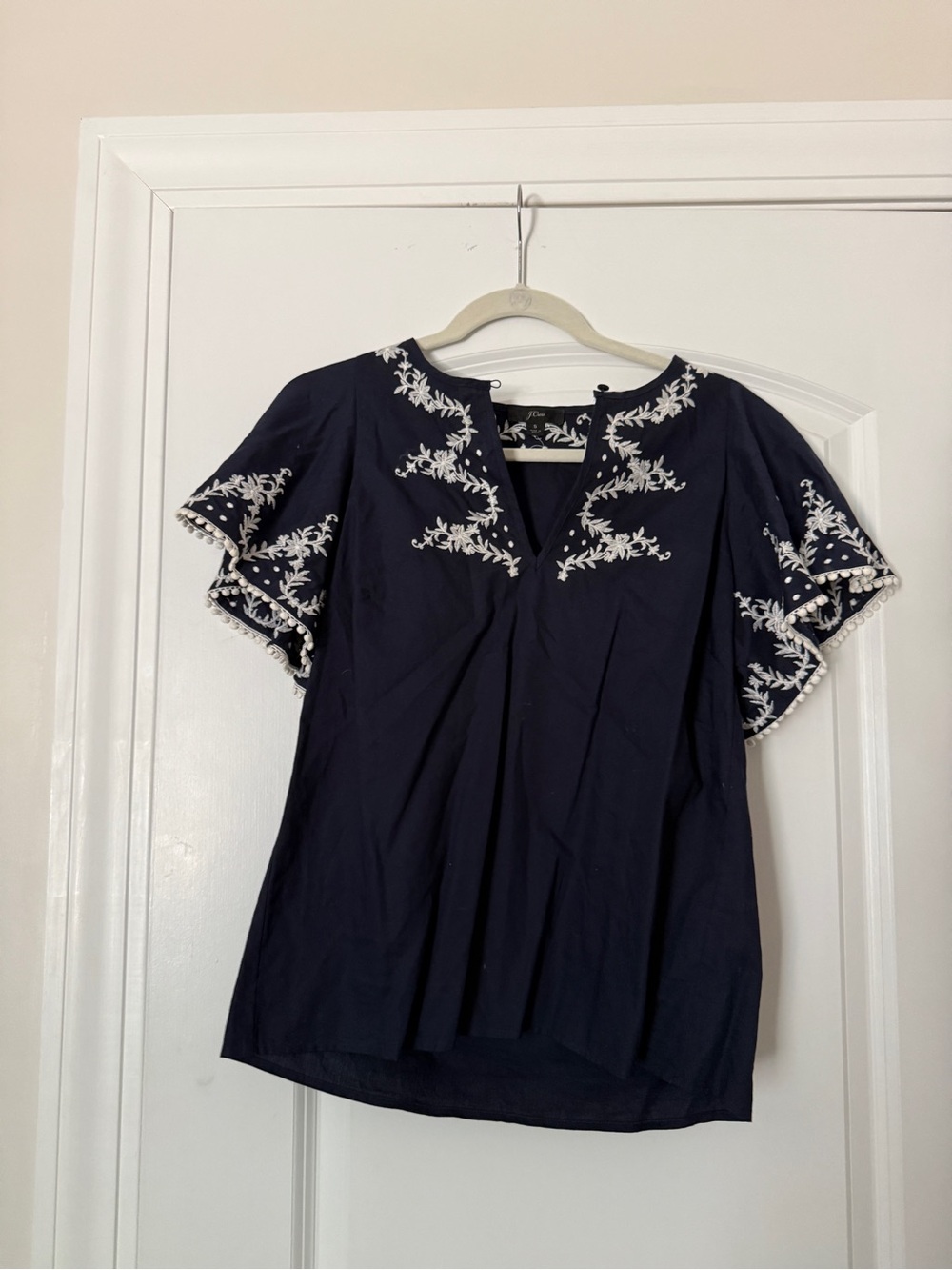 J. Crew Navy Embroidered Flutter-Sleeve Blouse